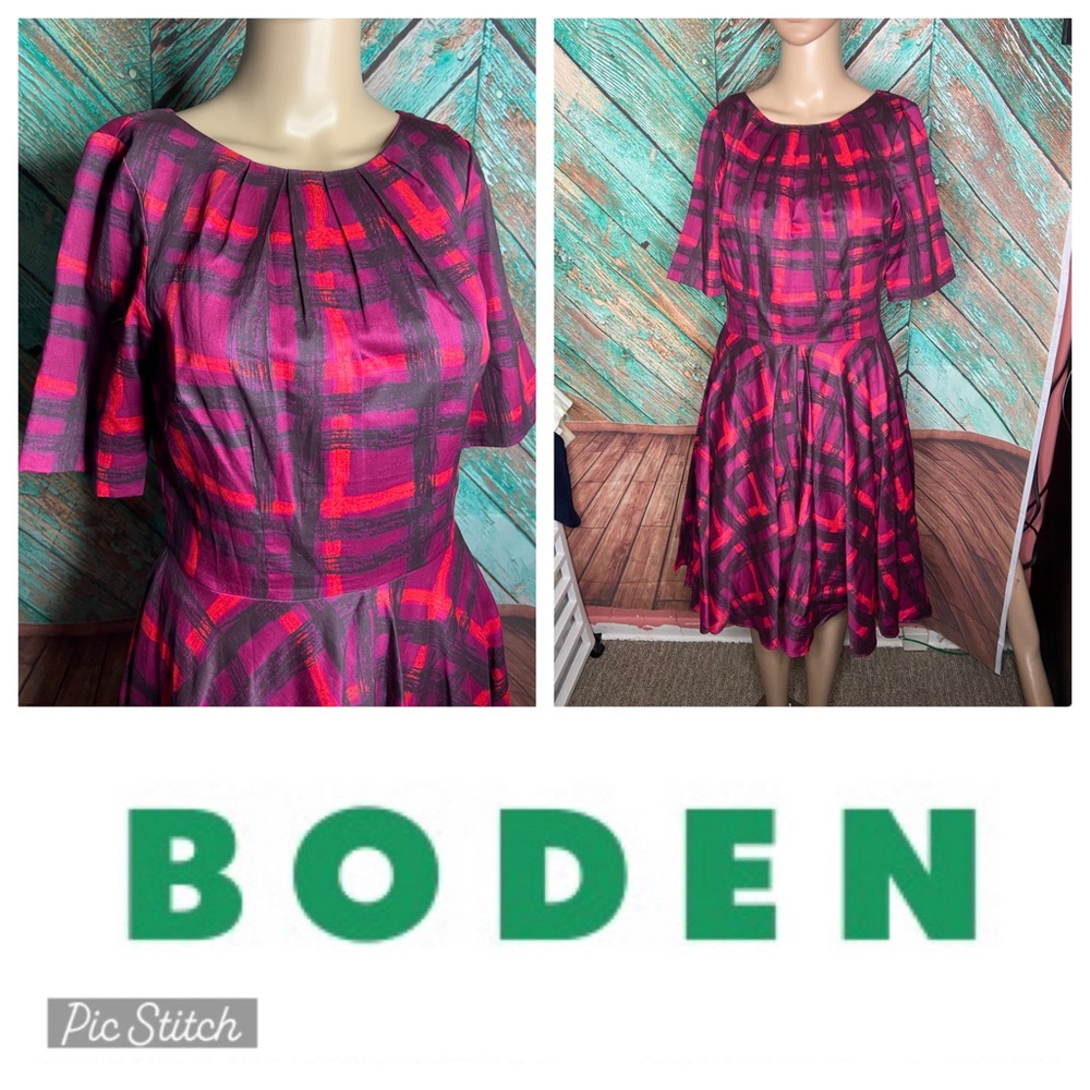 Boden Amy Fit and Flare Red Plaid Cotton 3/4 Sleeve Dress Holiday Retro